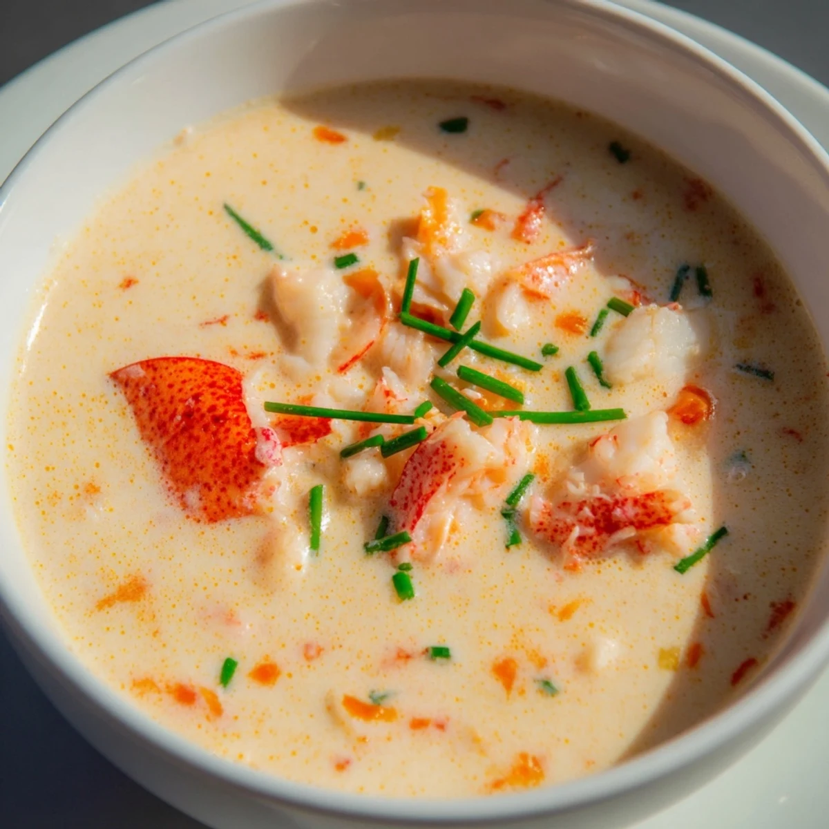 A close-up of creamy lobster bisque in a white bowl, garnished with fresh chives and a swirl of sherry vinegar substitute.  