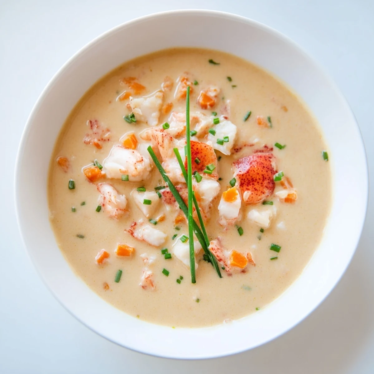 Steaming bowl of Creamy Lobster Bisque with Sherry Vinegar Substitute, garnished with chives and a side of baguette.