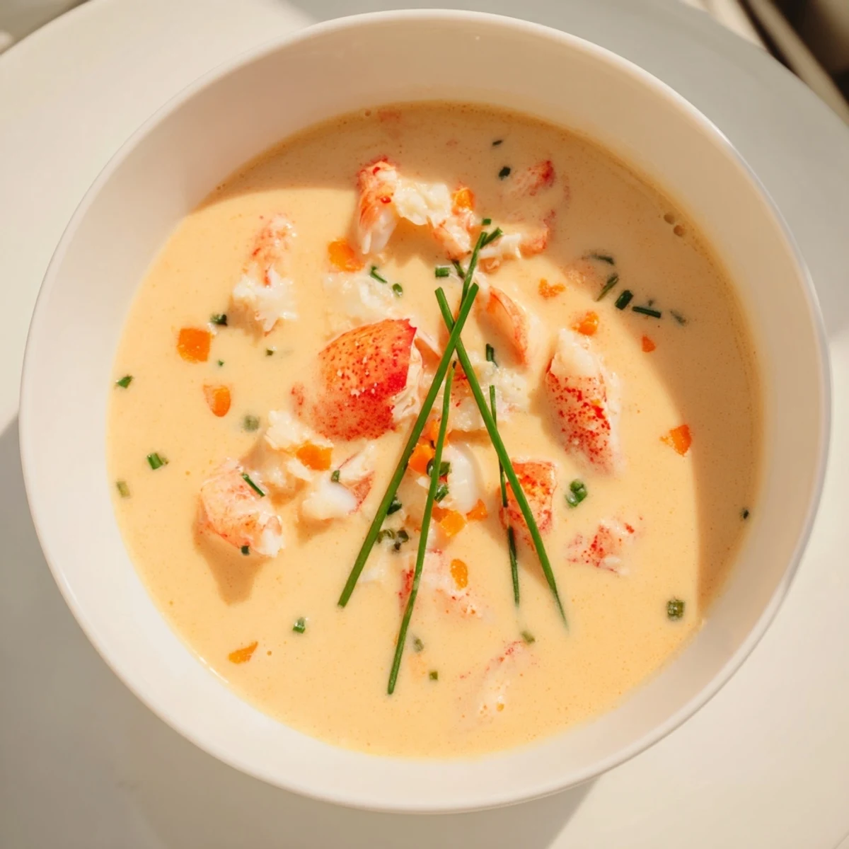 Velvety Creamy Lobster Bisque with Sherry Vinegar Substitute served in a rustic bowl with a crusty baguette slice.  