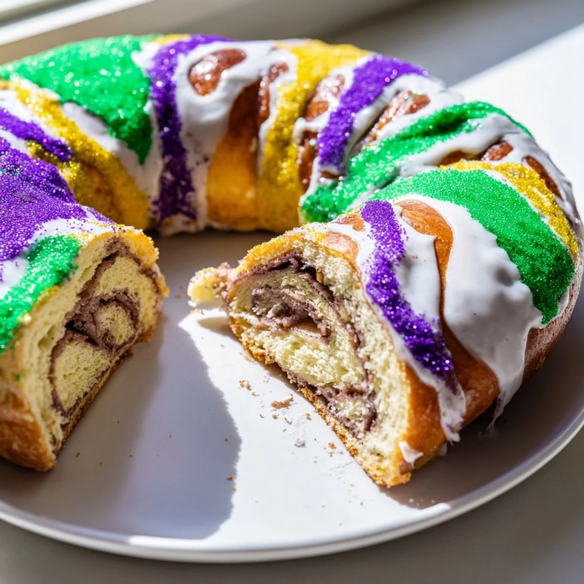 Freshly baked Mardi Gras King Cake resting on a wire rack, its soft brioche dough topped with colorful sugars for a festive celebration.