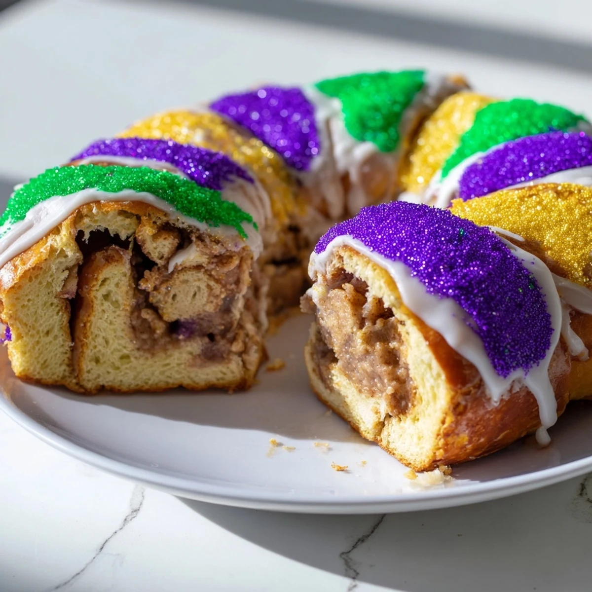 A slice of Mardi Gras King Cake on a plate, showcasing a tender cinnamon swirl inside with vibrant purple, green, and gold icing drizzle.