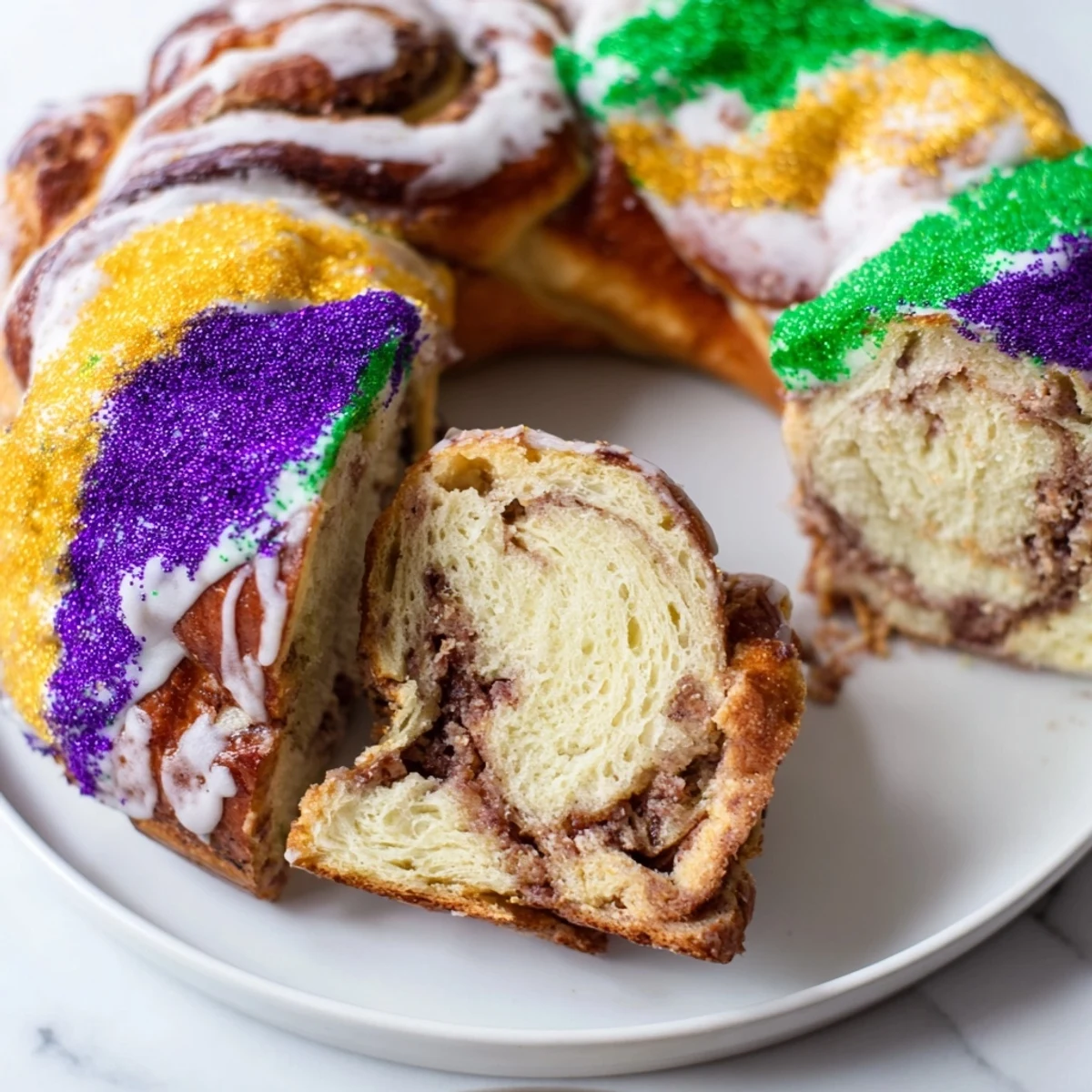 Warm Mardi Gras King Cake with a golden crust, revealing a sweet cinnamon swirl and glossy icing, ready for a New Orleans-style party.