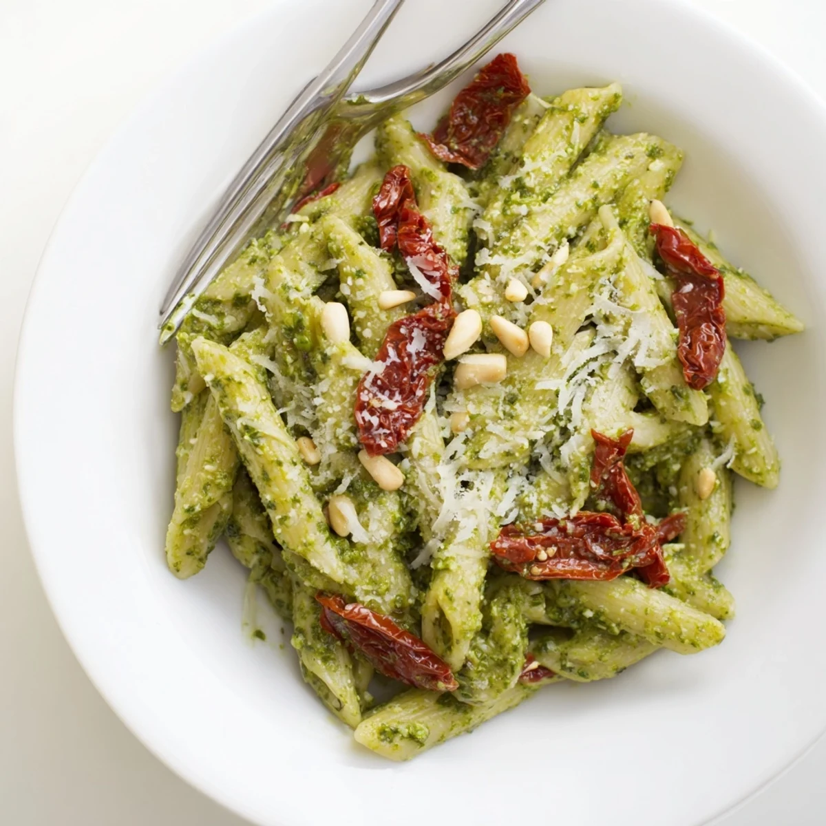 Bright green basil pesto coats penne pasta with sun-dried tomatoes and toasted pine nuts in this vibrant vegetarian dinner.