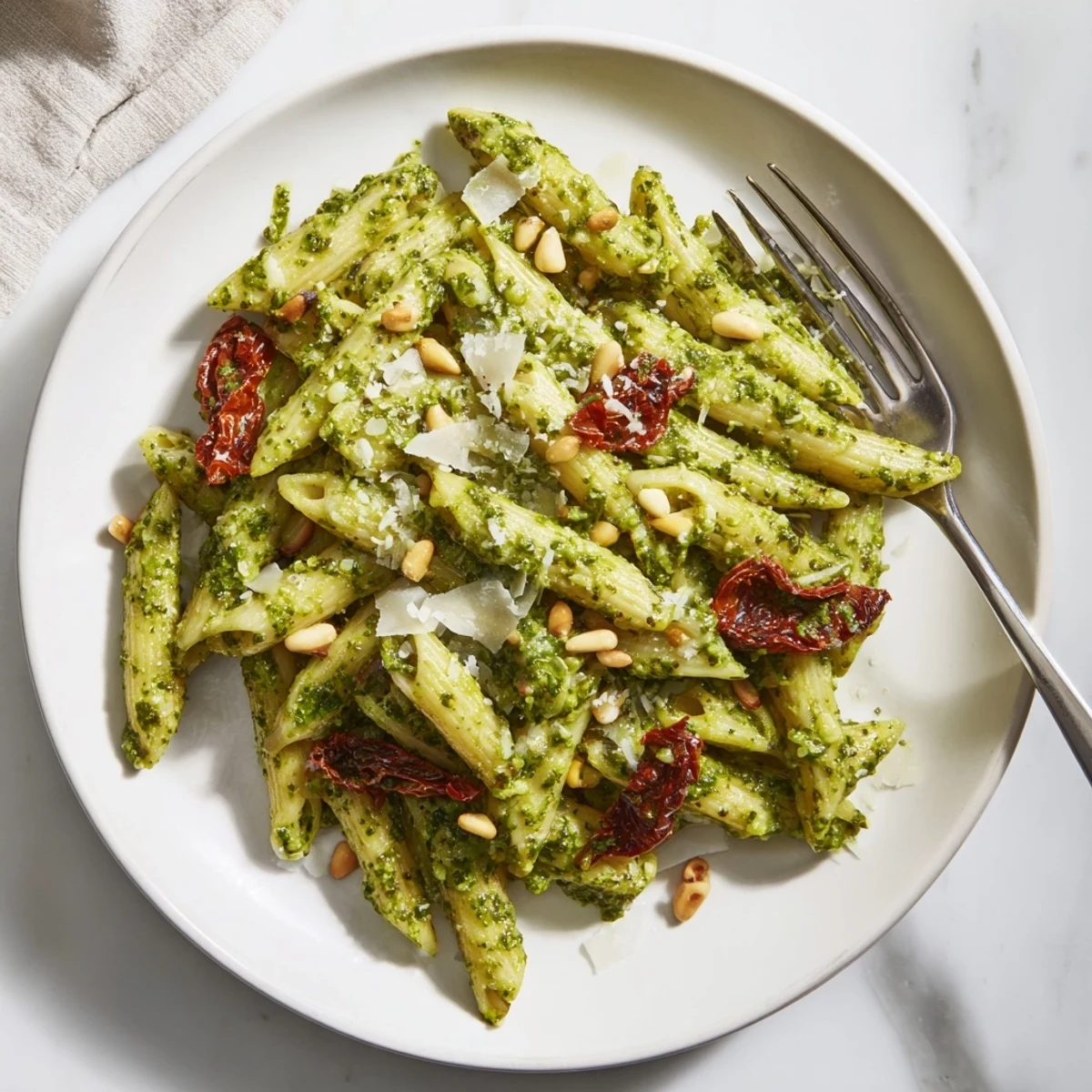 Served warm with extra Parmesan, this quick weeknight Green Pesto Pasta with Sun-Dried Tomatoes is perfect for easy Italian meals.