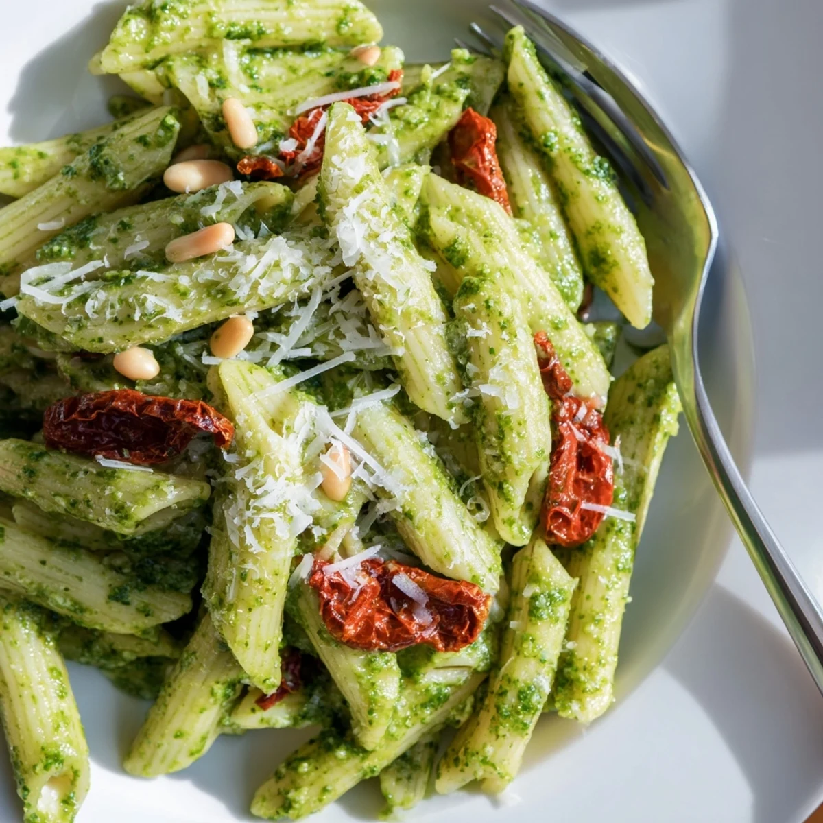 Tossing hot pasta with pesto creates a silky sauce that highlights the tangy sun-dried tomatoes and savory Parmesan.