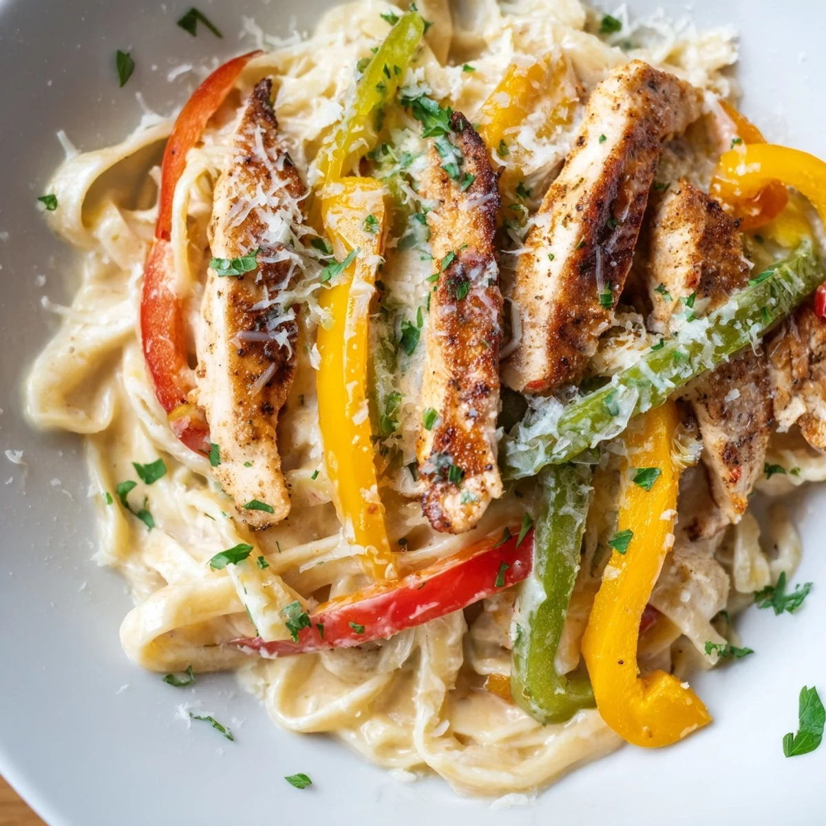 Cajun Chicken Alfredo with Bell Peppers served over fettuccine, garnished with fresh parsley and extra Parmesan.