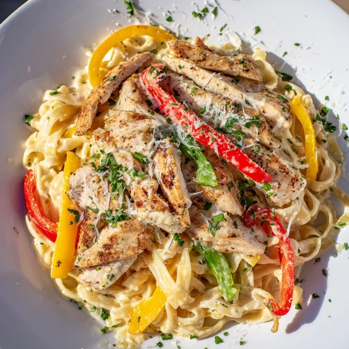 A close-up of creamy Cajun Chicken Alfredo with Bell Peppers, highlighting the rich, cheesy sauce and colorful veggies.