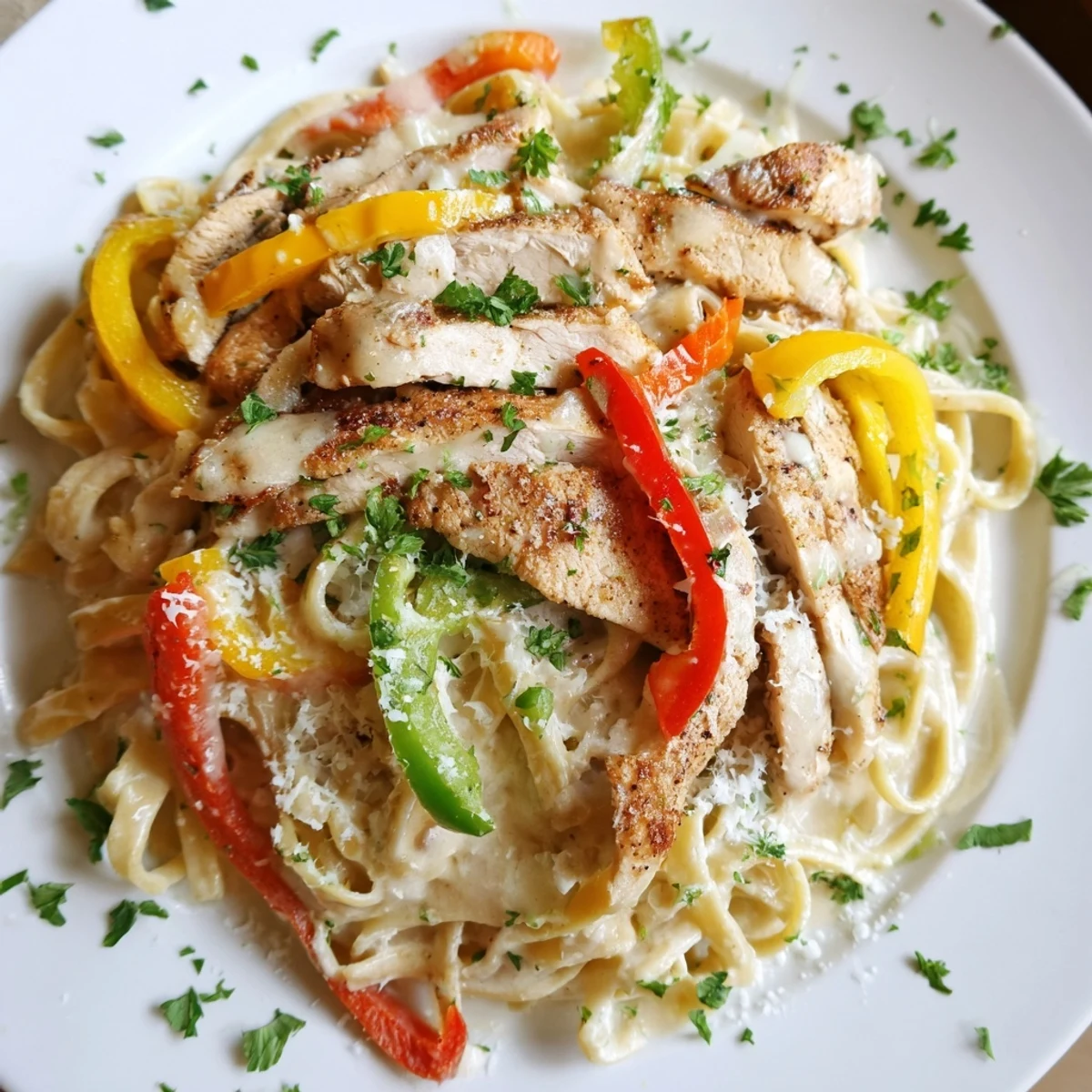 Sizzling skillet of Cajun Chicken Alfredo with Bell Peppers, featuring tender chicken strips tossed with fettuccine.