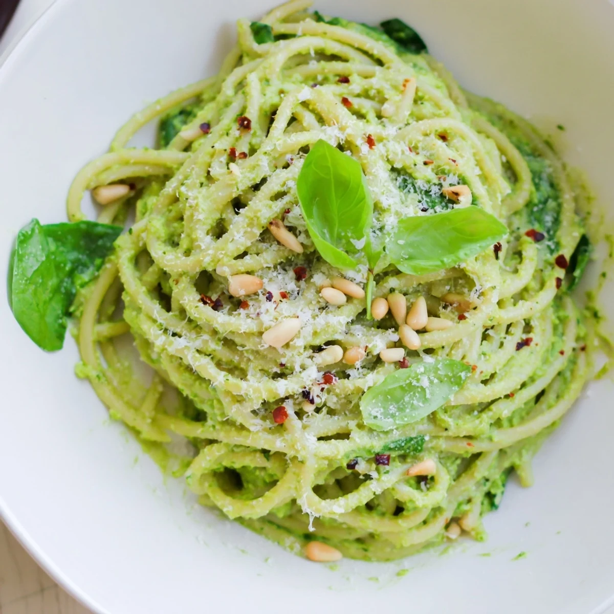 Creamy avocado and spinach pasta features al dente spaghetti coated in a bright green, velvety sauce made from blended ripe avocados and fresh spinach.