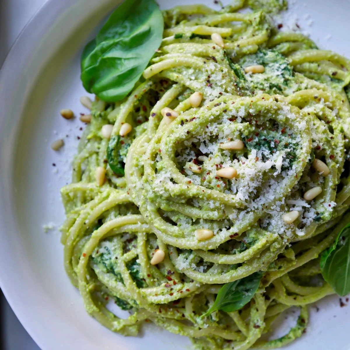 A close-up of creamy avocado and spinach pasta, garnished with fresh basil leaves and toasted pine nuts for a nutritious, vegetarian-friendly dinner.