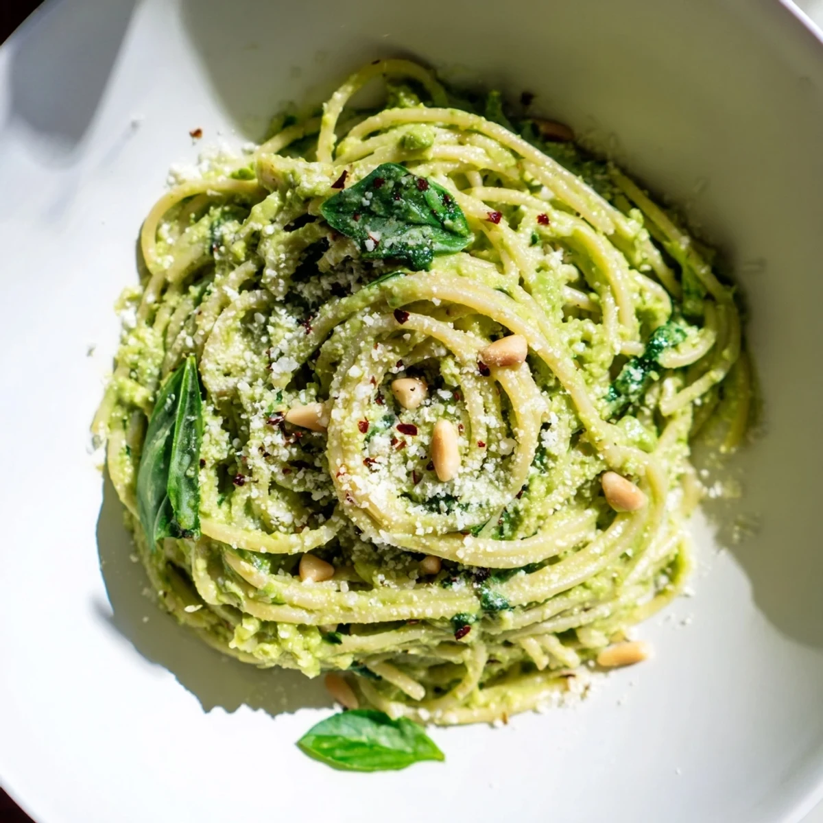 Quick 25-minute creamy avocado and spinach pasta topped with grated Parmesan, served in a white bowl for a vibrant, comforting meal.
