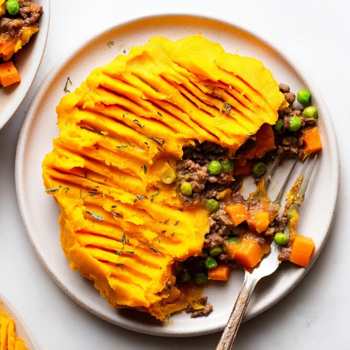 Golden-brown ridged sweet potato topping covers savory ground beef and vegetable filling in a hearty Beef Shepherds Pie with Sweet Potato Topping, baked to perfection.