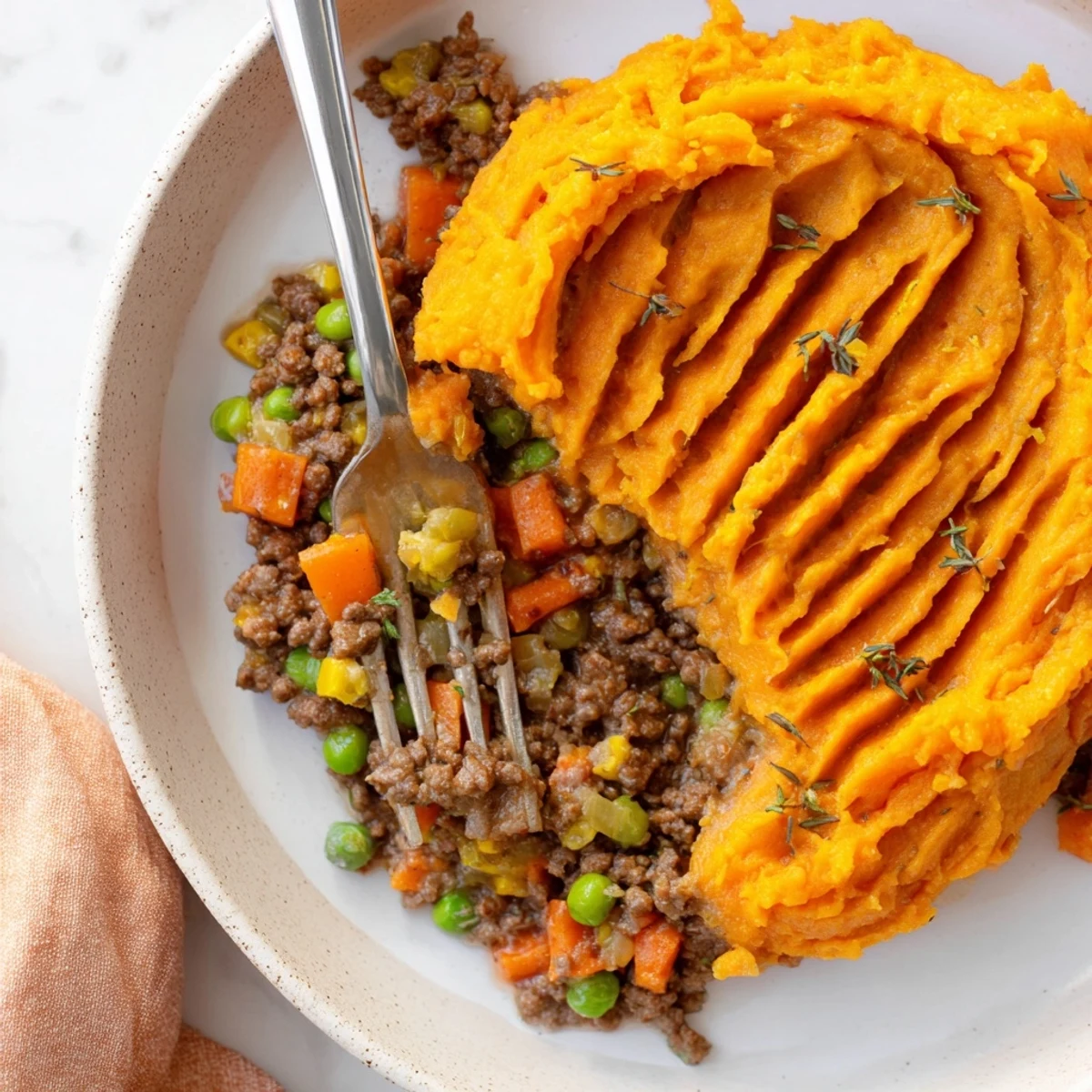 A fork lifts a serving of Beef Shepherds Pie with Sweet Potato Topping, revealing layers of tender ground beef, peas, and creamy sweet potato mash.