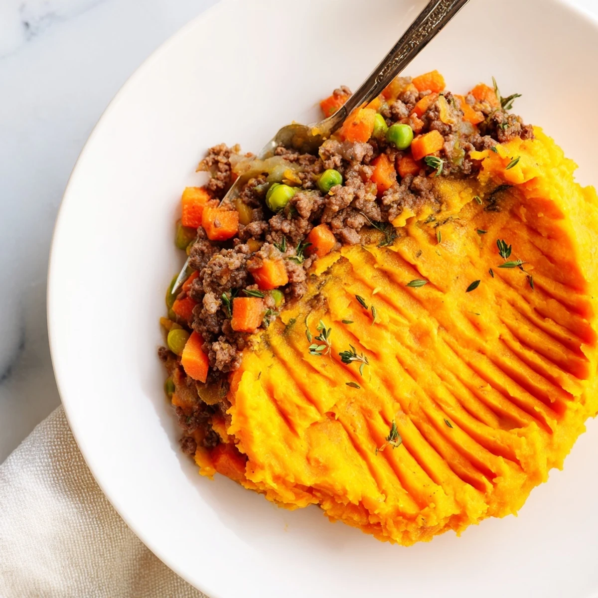 Fresh thyme garnishes this comforting Beef Shepherds Pie with Sweet Potato Topping, golden and bubbling from the oven, ready for a family dinner.