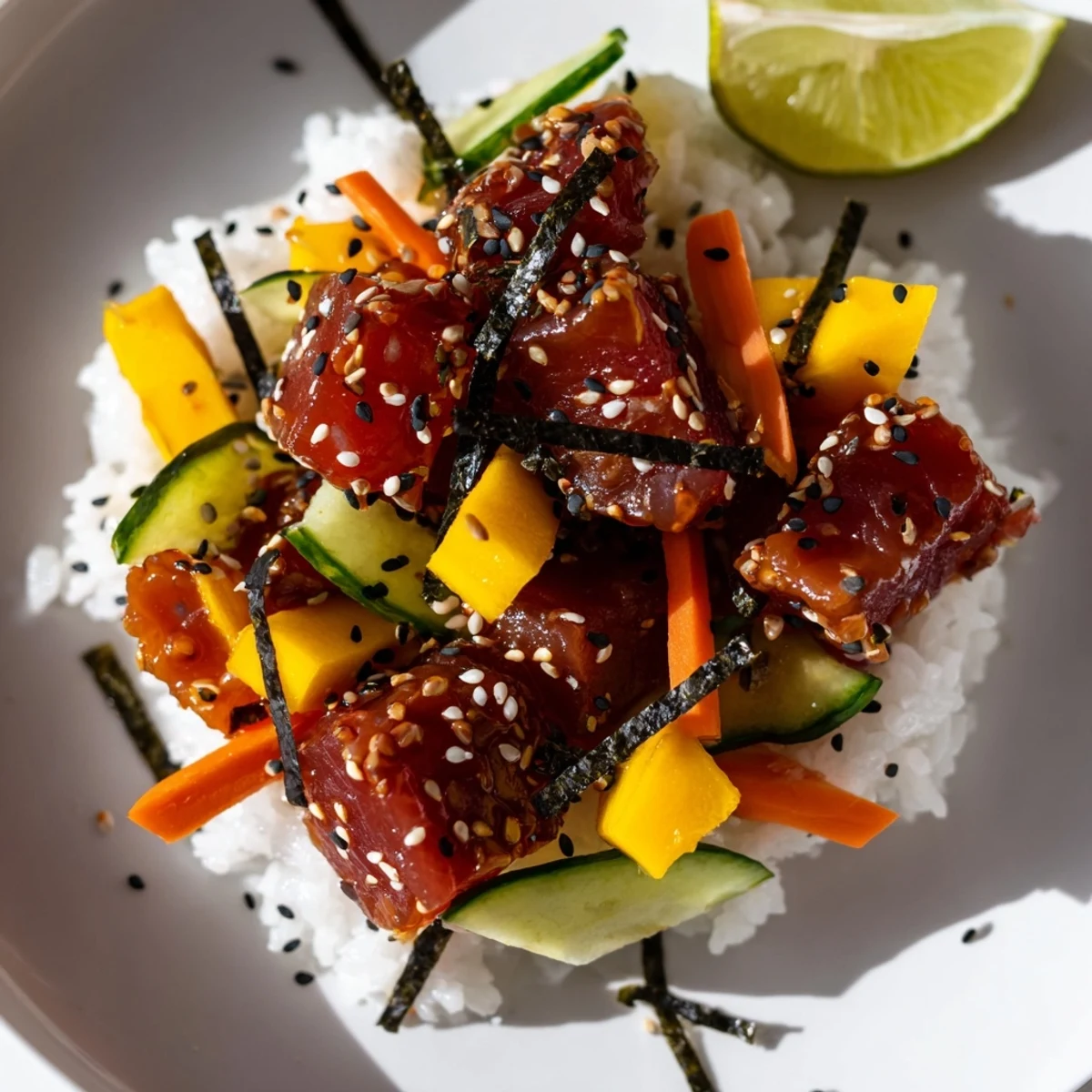 A vibrant Spicy Tuna Poke Bowl with mango, avocado, and cucumber served over seasoned sushi rice, garnished with sesame seeds.  