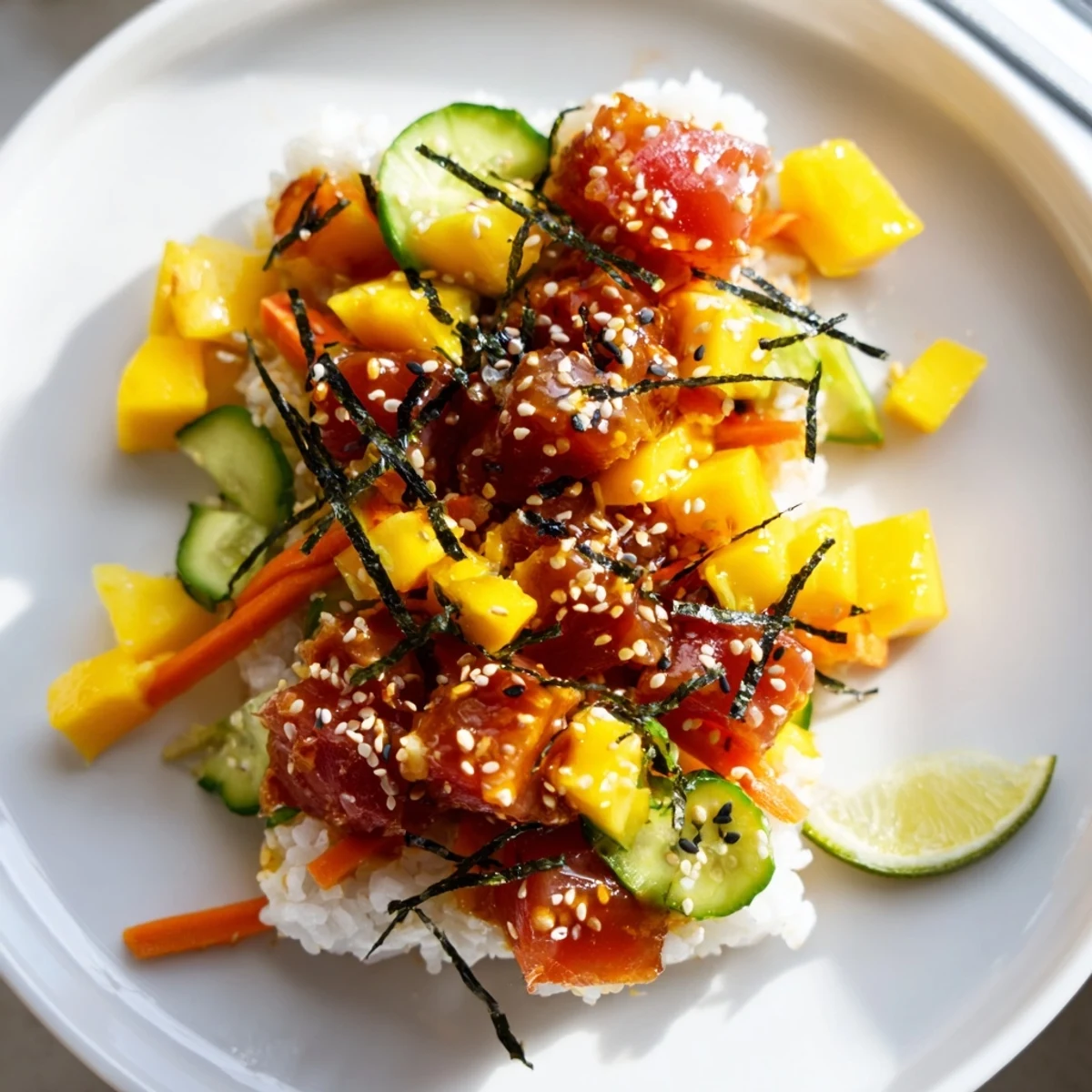 Enjoy a refreshing Spicy Tuna Poke Bowl featuring tender marinated tuna, sweet mango chunks, and crisp vegetables on a bed of rice.  
