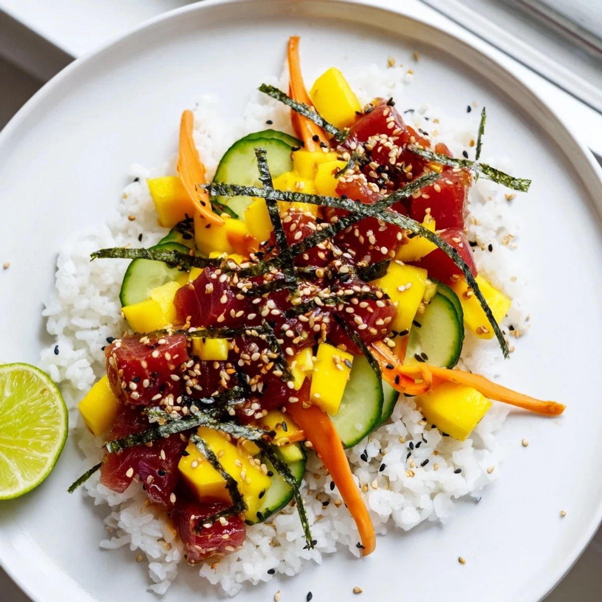 Colorful Spicy Tuna Poke Bowl topped with julienned carrots, nori strips, and fresh herbs, with lime wedges on the side.