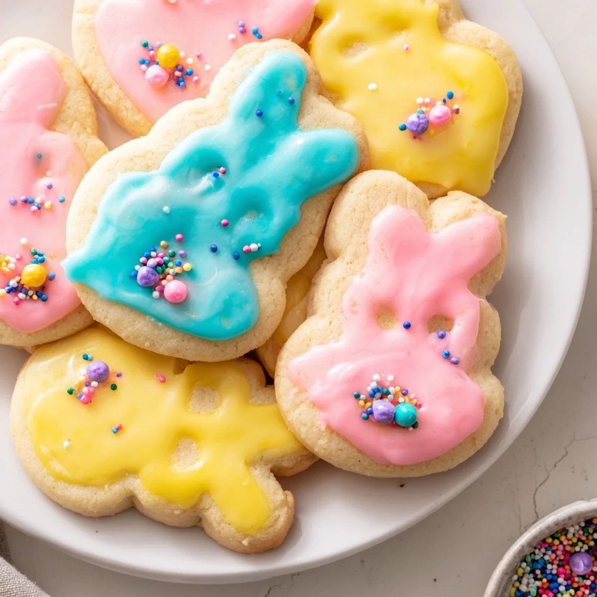 Golden-brown Easter Bunny Sugar Cookies, shaped like adorable bunnies and decorated with pastel icing and colorful sprinkles on a rustic kitchen table.