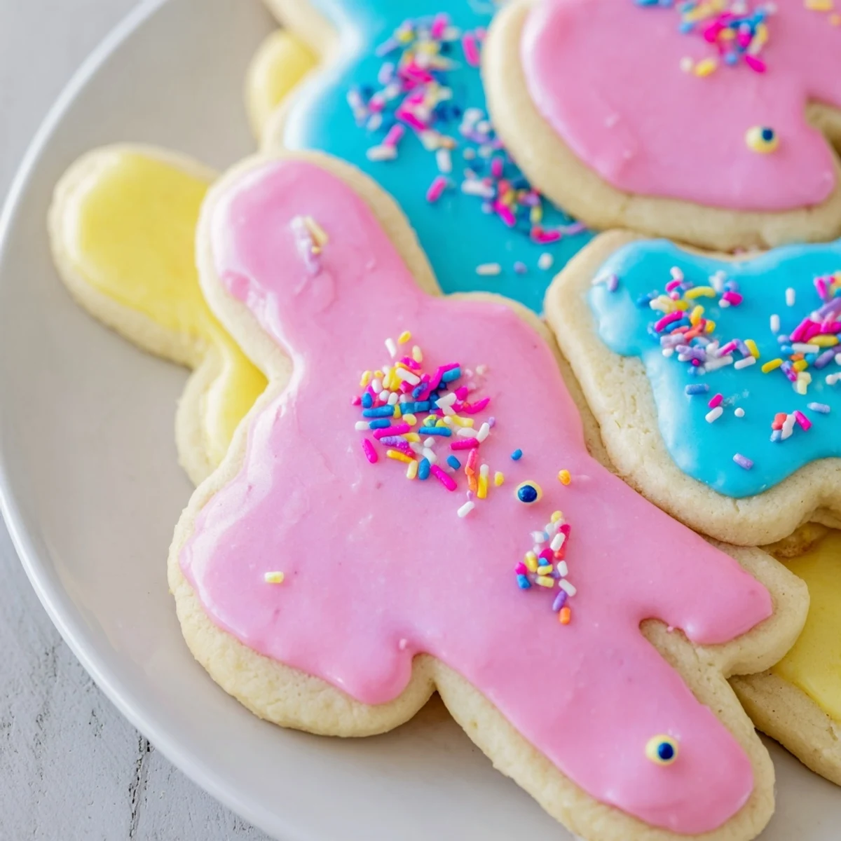 A close-up of decorated Easter Bunny Sugar Cookies, featuring pastel frosting, candy eyes, and sprinkles, arranged on a wire cooling rack.