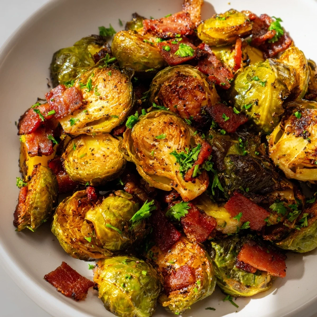 Golden roasted Brussels sprouts with crispy beef bacon, garnished with parsley and optional Parmesan cheese.