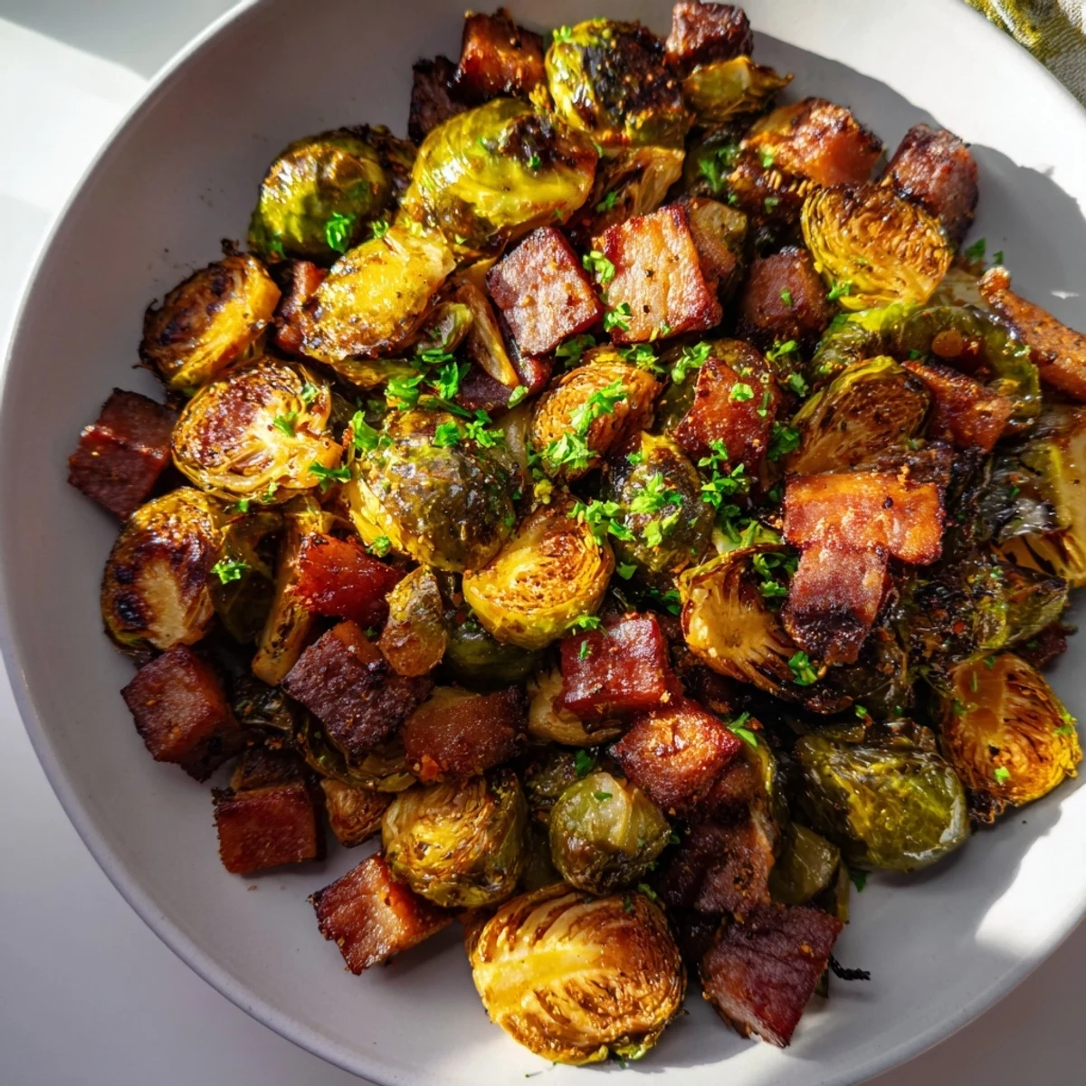 Crispy roasted Brussels sprouts topped with savory beef bacon, served hot as a flavorful side dish.