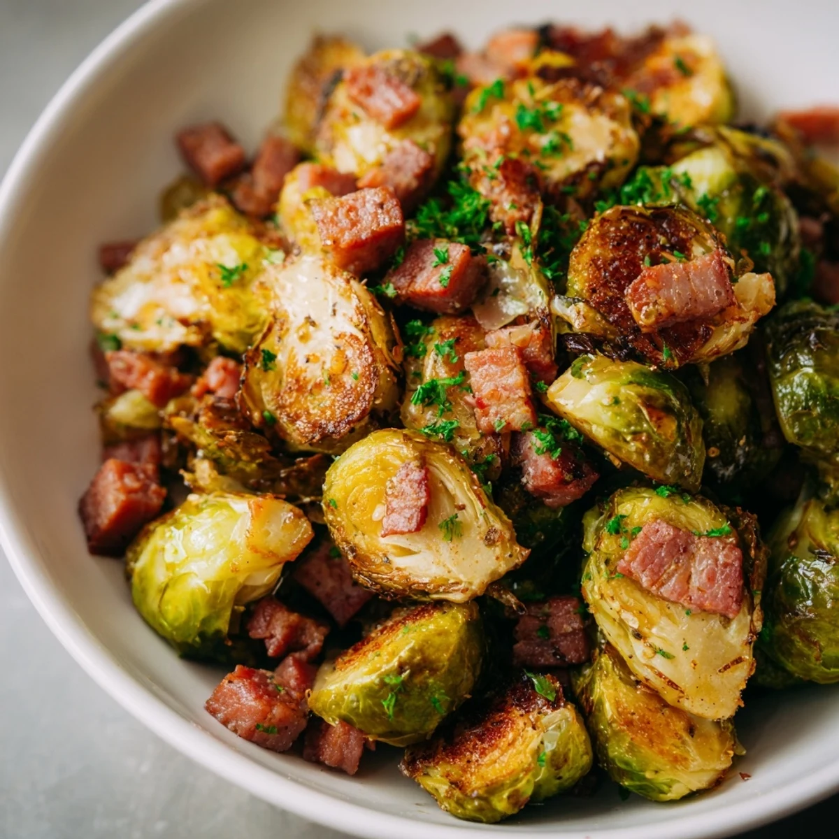 A close-up of tender Brussels sprouts and crispy beef bacon, roasted to perfection on a baking sheet.