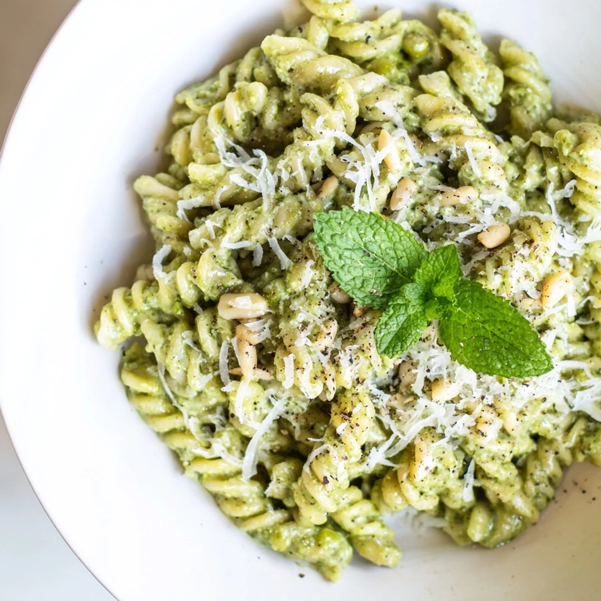 Spring Pea and Mint Pesto Pasta served warm with shaved Parmesan and a lemon wedge, highlighting the creamy green sauce.  