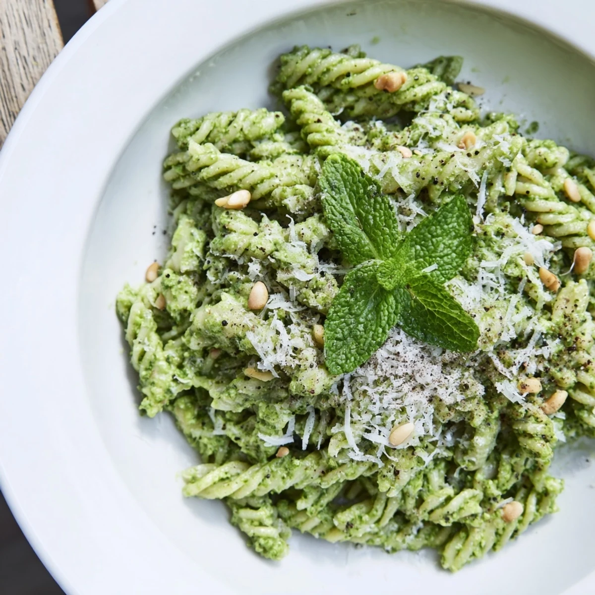 A close-up of vibrant Spring Pea and Mint Pesto Pasta tossed with fusilli, garnished with pine nuts and fresh mint leaves.  