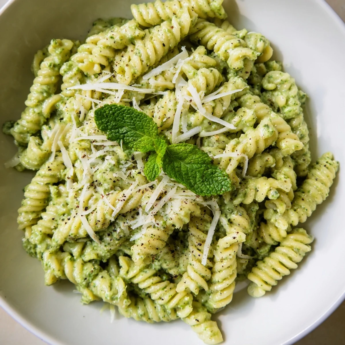 Top-down view of Spring Pea and Mint Pesto Pasta, featuring al dente noodles coated in bright, herbaceous pesto.