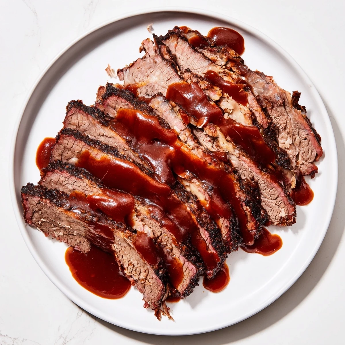 Slow cooked beef brisket with BBQ sauce on a rustic cutting board, sliced thin with visible smoke ring and tangy glaze.  