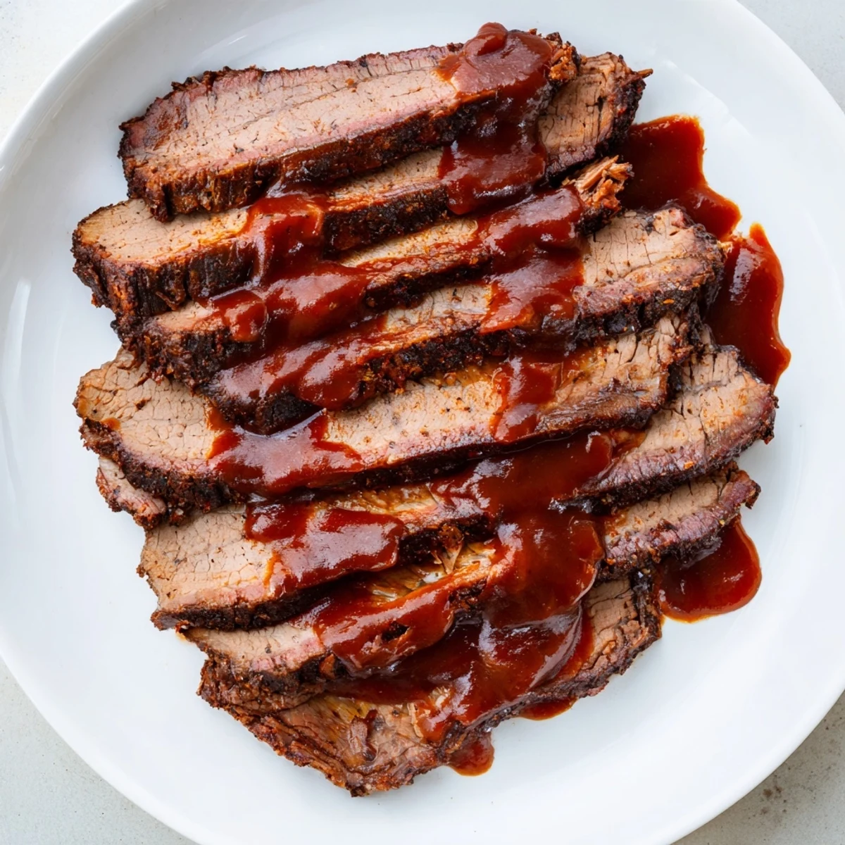 Gluten-free beef brisket with smoky BBQ sauce, served alongside creamy coleslaw and pickles on a summer table.  