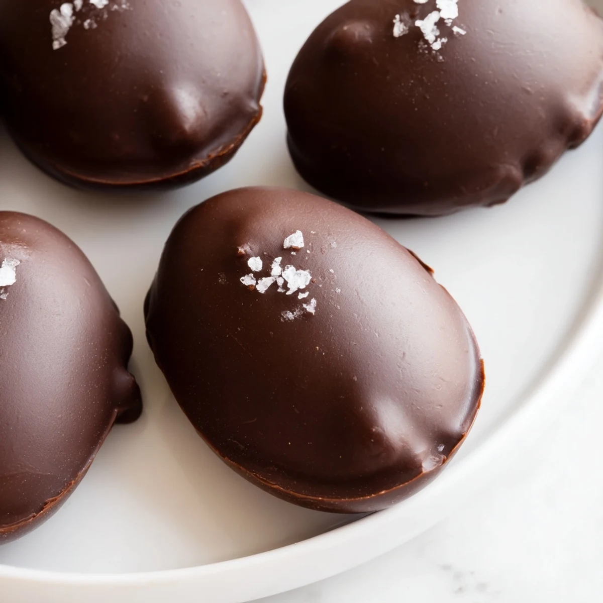 Decadent chocolate peanut butter eggs showing a smooth filling, speckled with salt and ideal for gifting or snacking.