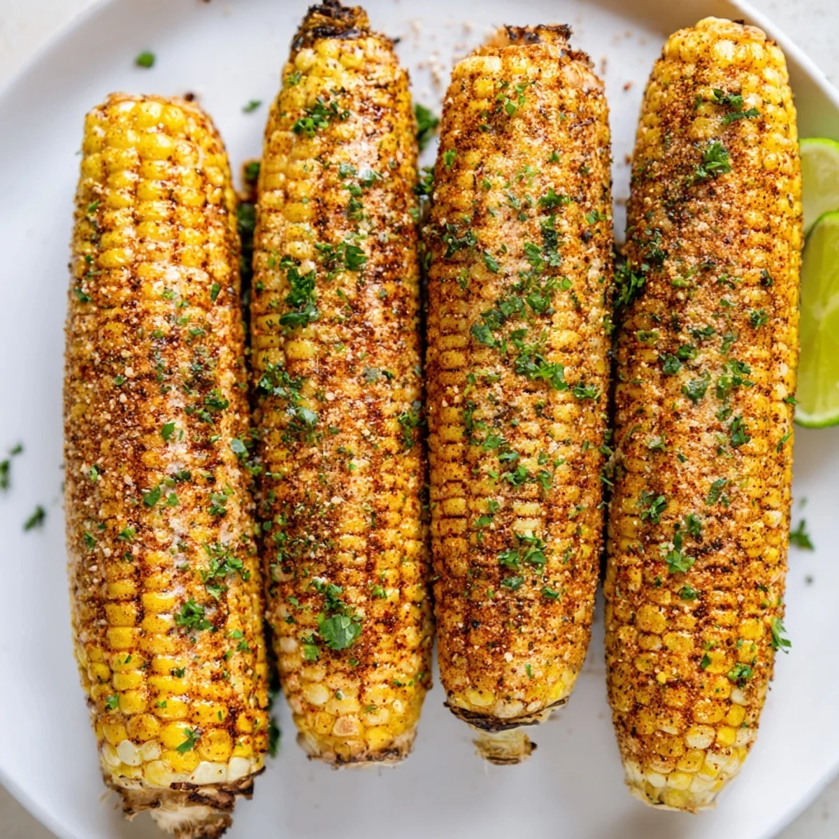 Golden, charred ears of Cajun Spiced Roasted Corn on the Cob glistening with smoky spices and fresh parsley garnish.  