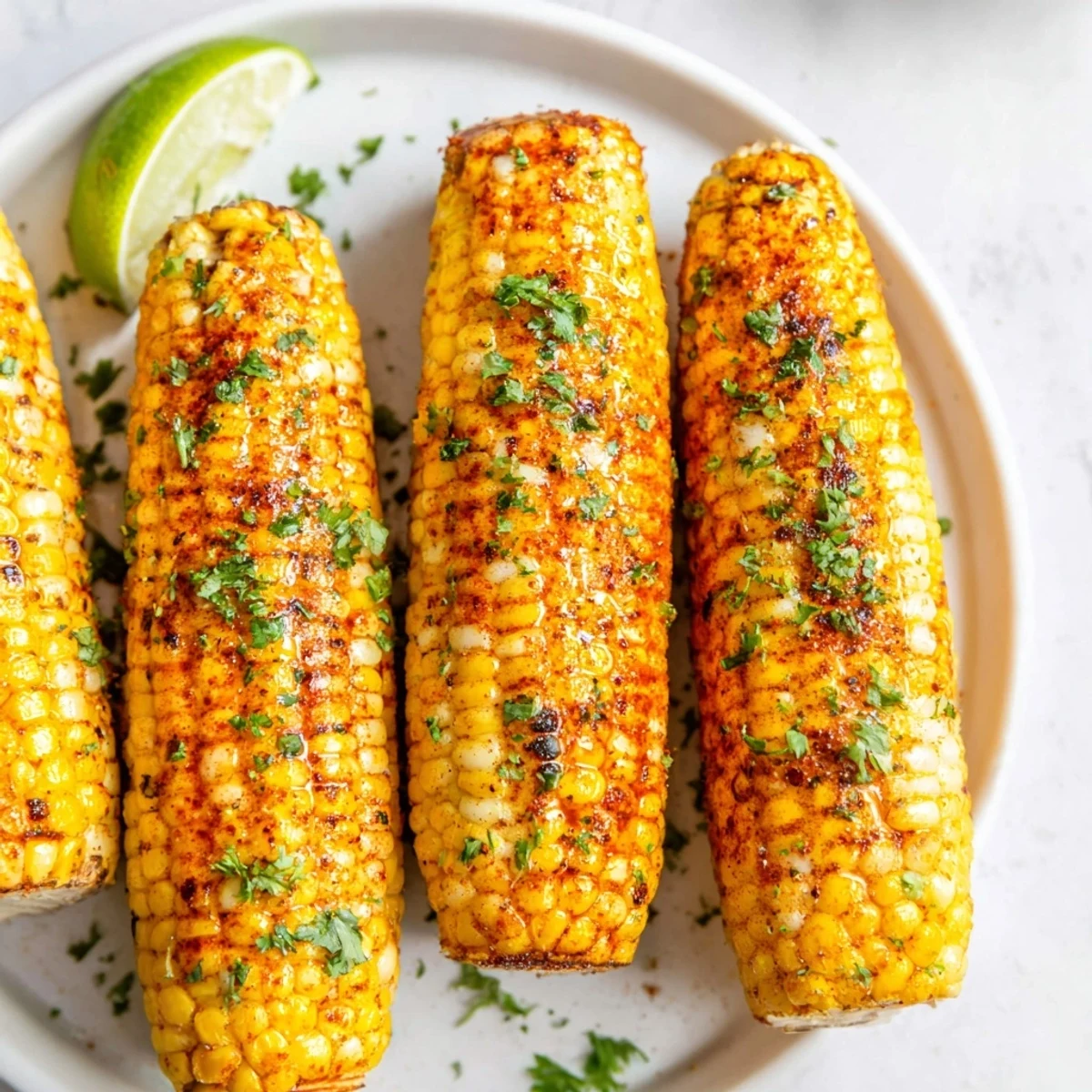 Sizzling Cajun Spiced Roasted Corn on the Cob brushed with olive oil and served with zesty lime wedges.