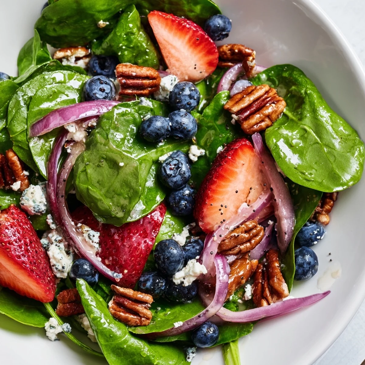A vibrant bowl of Strawberry Spinach Salad with Poppy Seed Dressing, with tangy homemade dressing and optional blueberries for a sweet burst.
