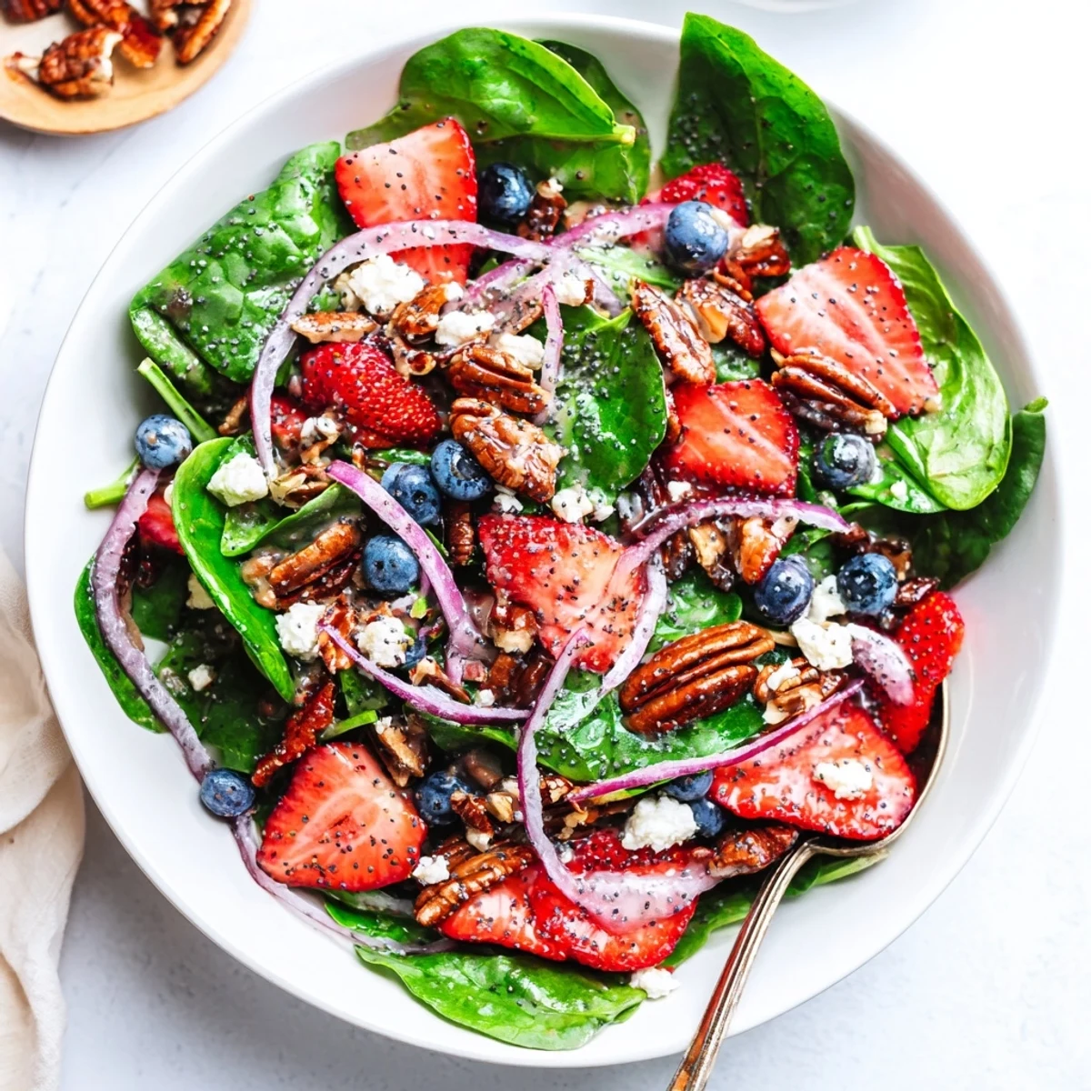 Easy spring Strawberry Spinach Salad with Poppy Seed Dressing served on a white plate, featuring red onion slices and a light, glossy coating.