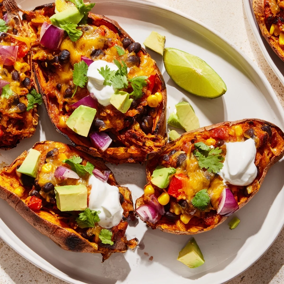 The finished Loaded Sweet Potato Skins with Black Beans sit on a rustic plate, topped with melted cheddar, fresh avocado, and cilantro.