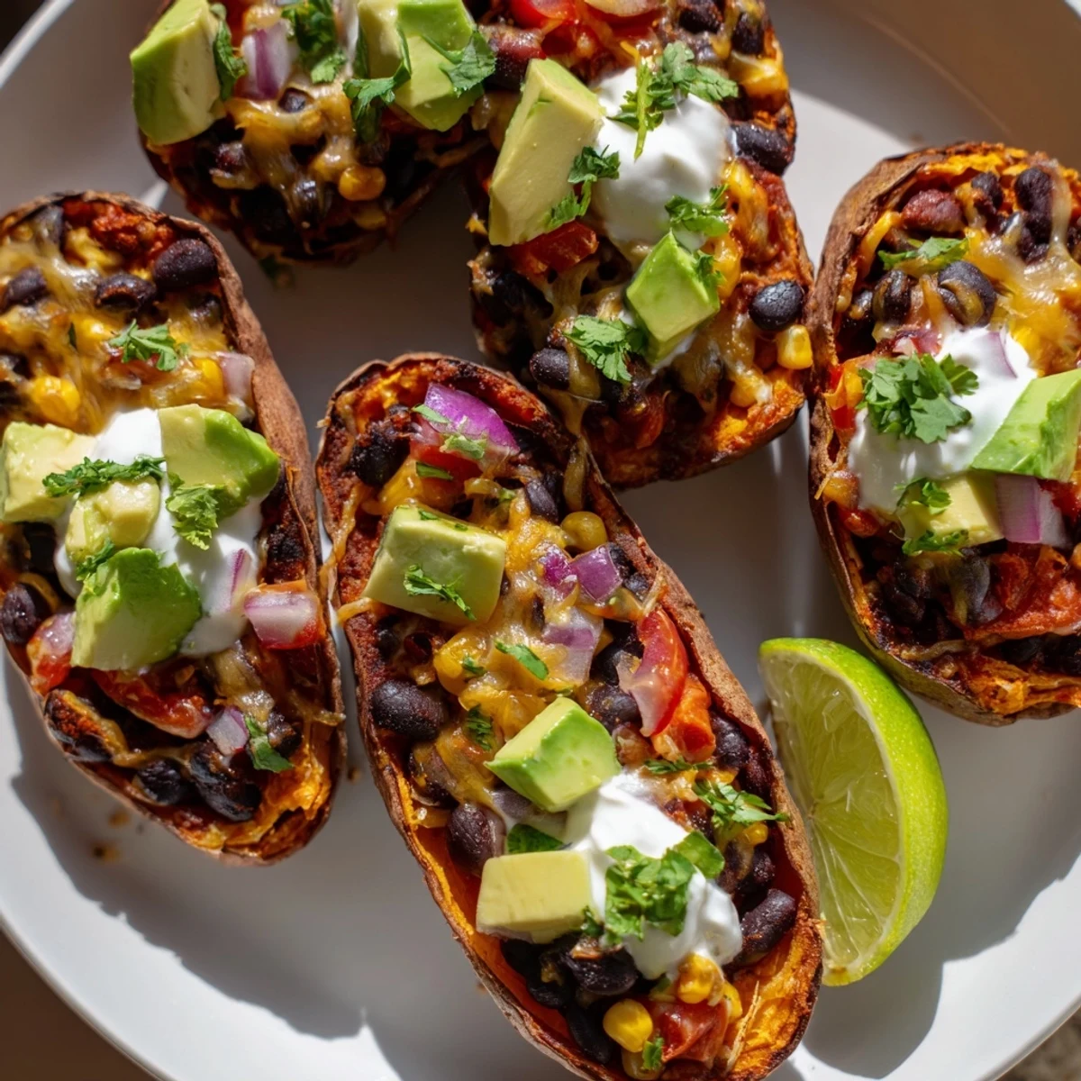 Served Loaded Sweet Potato Skins with Black Beans alongside a dollop of Greek yogurt and lime wedges for a healthy appetizer.