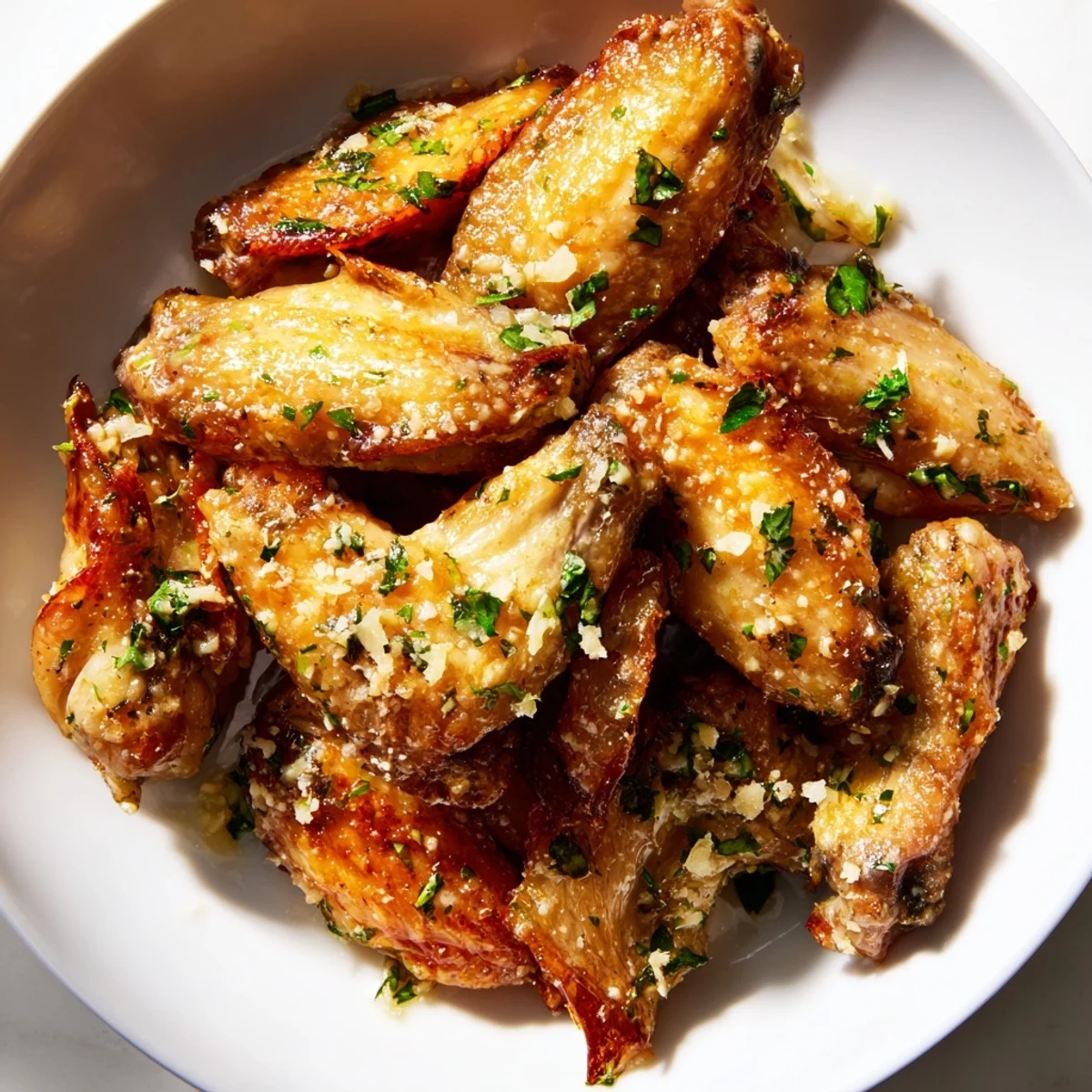 Air Fryer Garlic Parmesan Chicken Wings sit beside a creamy dip, celery sticks, and fresh parsley garnish.