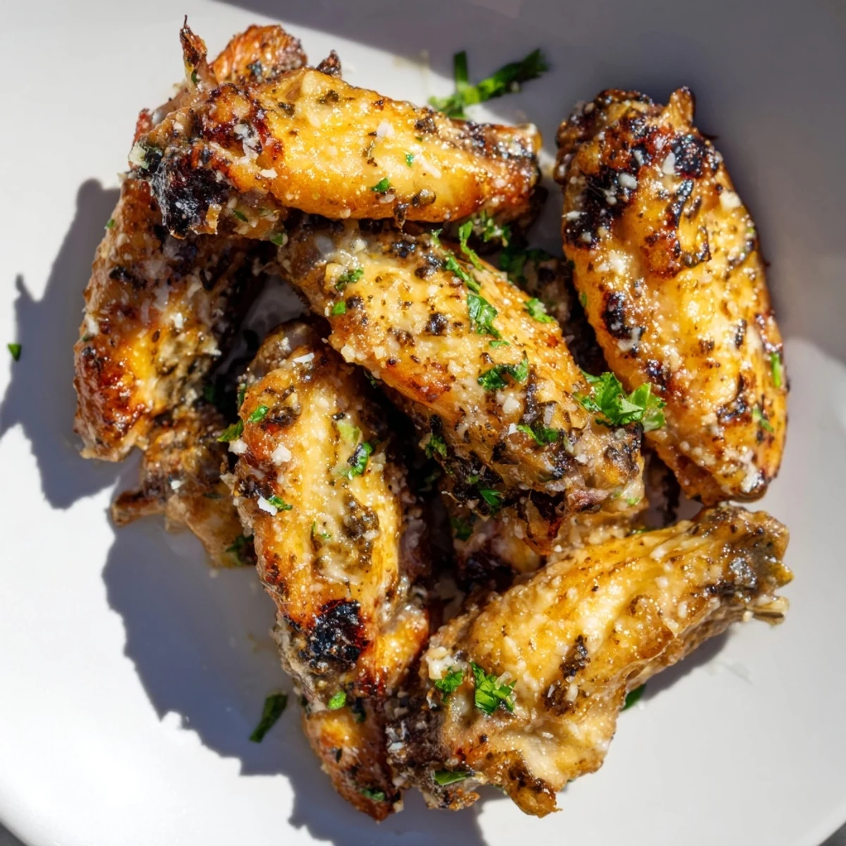 Golden, crispy Air Fryer Garlic Parmesan Chicken Wings glisten with melted butter and herbs on a rustic plate.