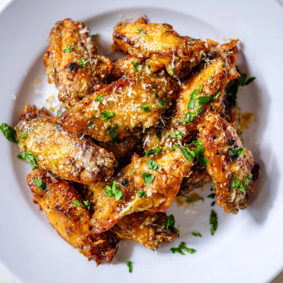 Sizzling Air Fryer Garlic Parmesan Chicken Wings fresh from the basket, tossed in garlicky butter and grated parmesan.