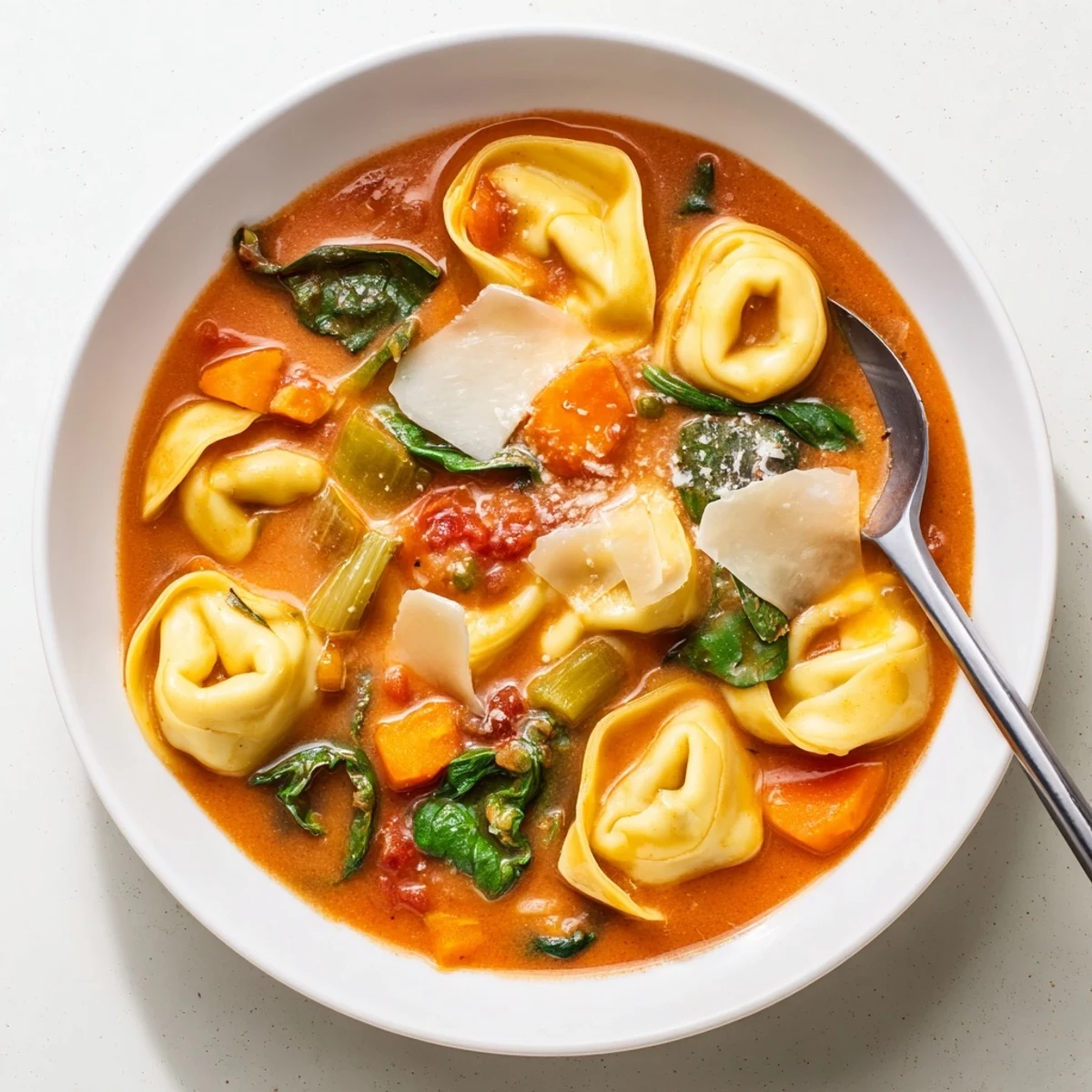 Creamy One Pot Creamy Tomato Tortellini Soup steaming in a rustic bowl, garnished with fresh basil and Parmesan.