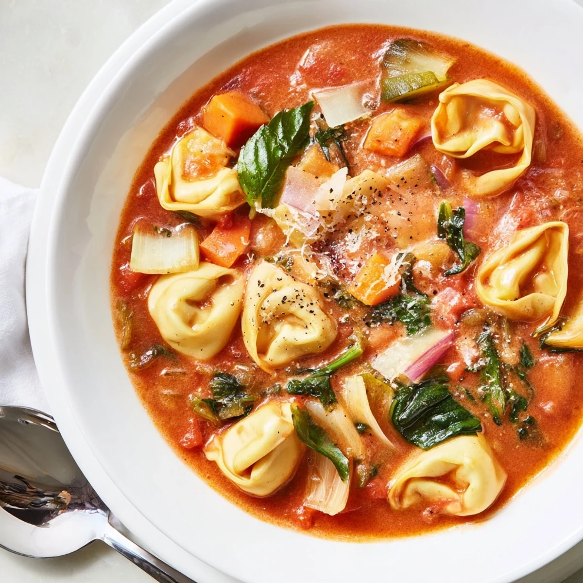 Comforting One Pot Creamy Tomato Tortellini Soup served with crusty bread and a swirl of cream.