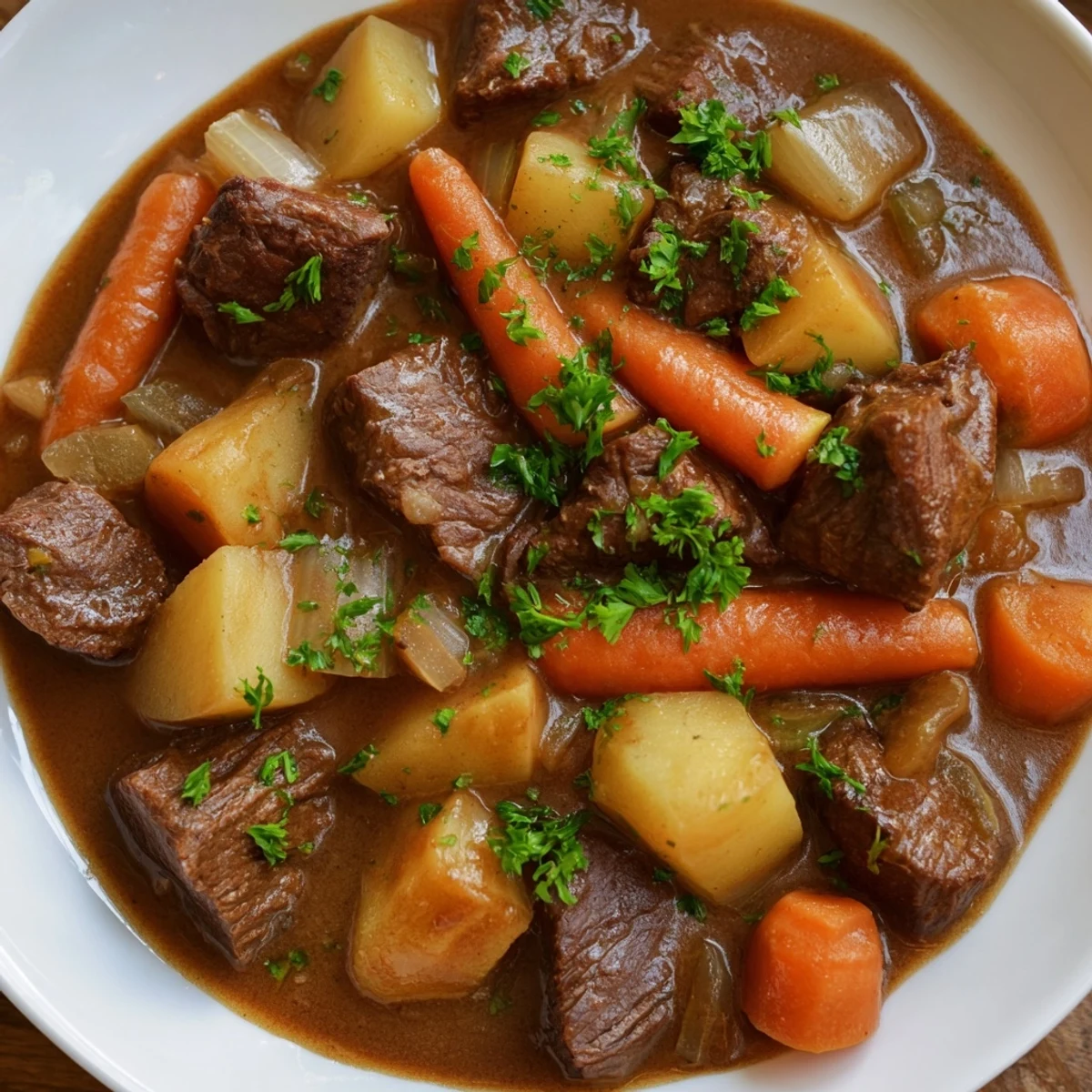 A steaming bowl of Irish Beef Stew with Rich Gravy, featuring tender beef and root vegetables in a dark, savory sauce.