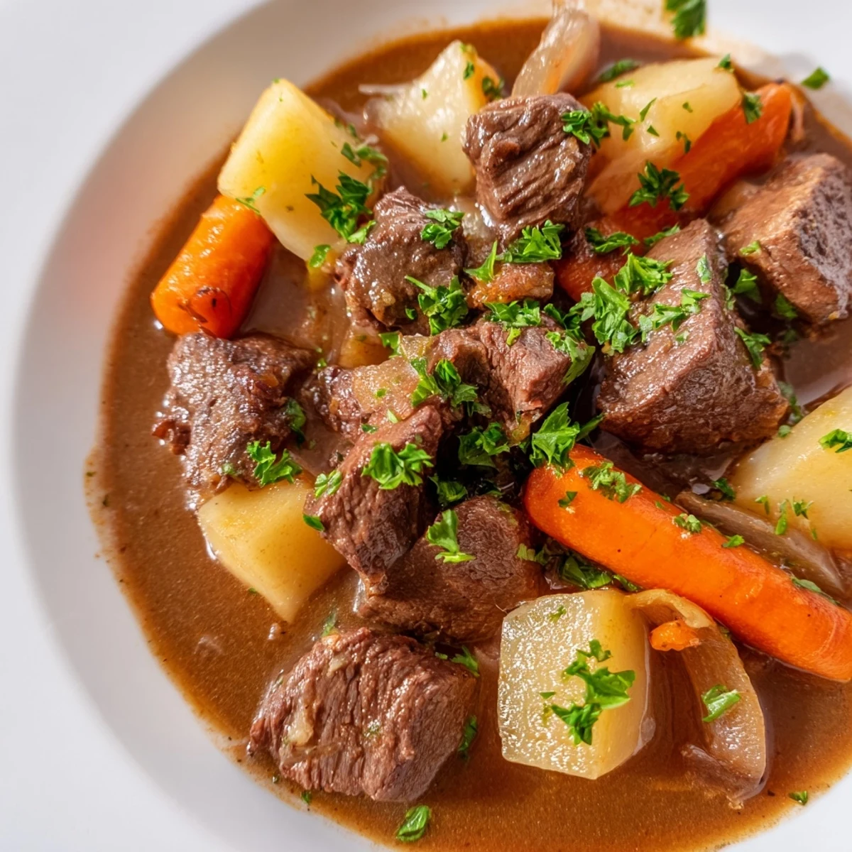 Irish Beef Stew with Rich Gravy sits in a rustic pot, garnished with fresh parsley and ready to serve.