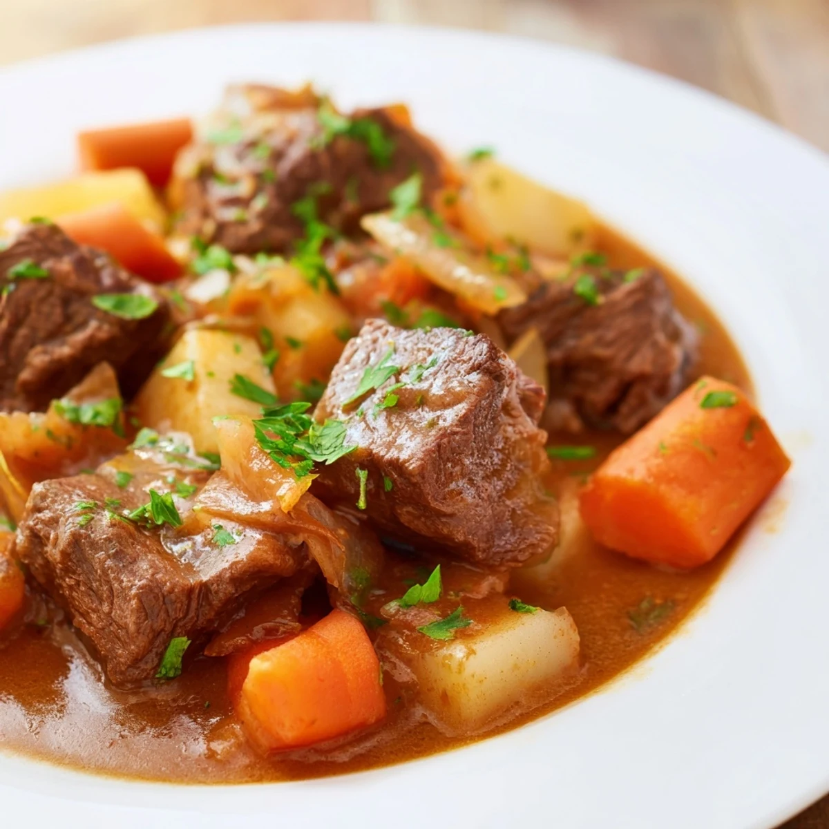 A close-up of Irish Beef Stew with Rich Gravy shows carrots, potatoes, and beef chunks in a thick, delicious broth.