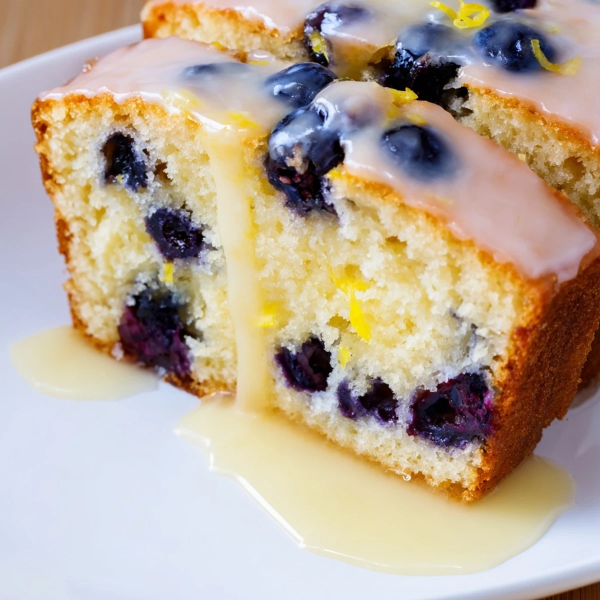 A freshly baked Lemon Blueberry Yogurt Loaf Cake with a zesty lemon glaze drizzled over the top.