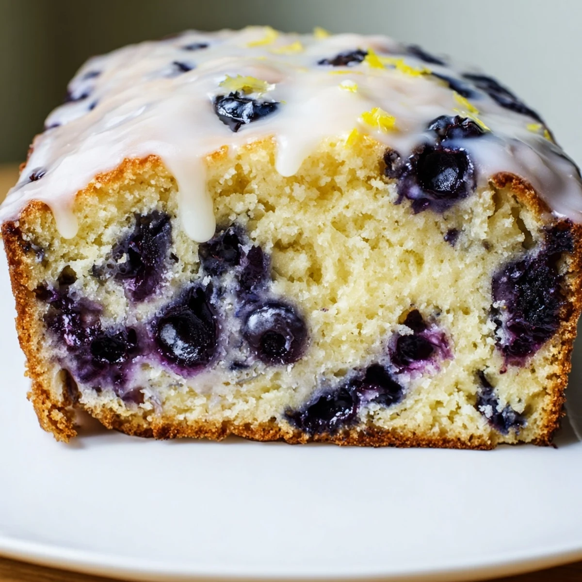 A close up of Lemon Blueberry Yogurt Loaf Cake showing the moist crumb and bright lemon glaze.
