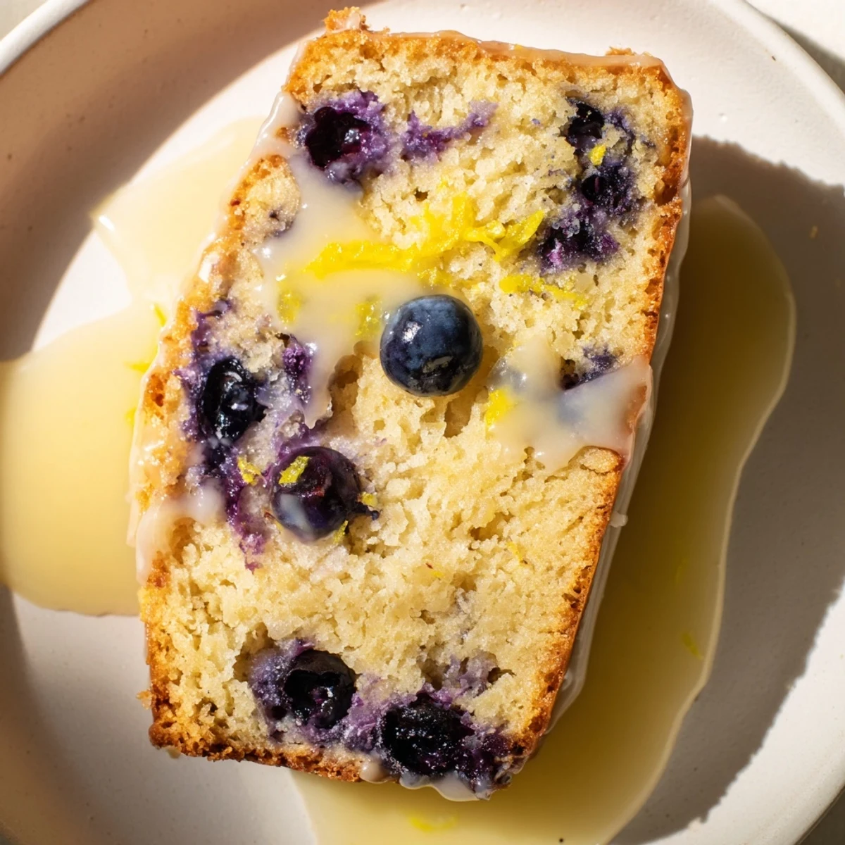 This moist Lemon Blueberry Yogurt Loaf Cake is garnished with fresh blueberries and sliced for serving.