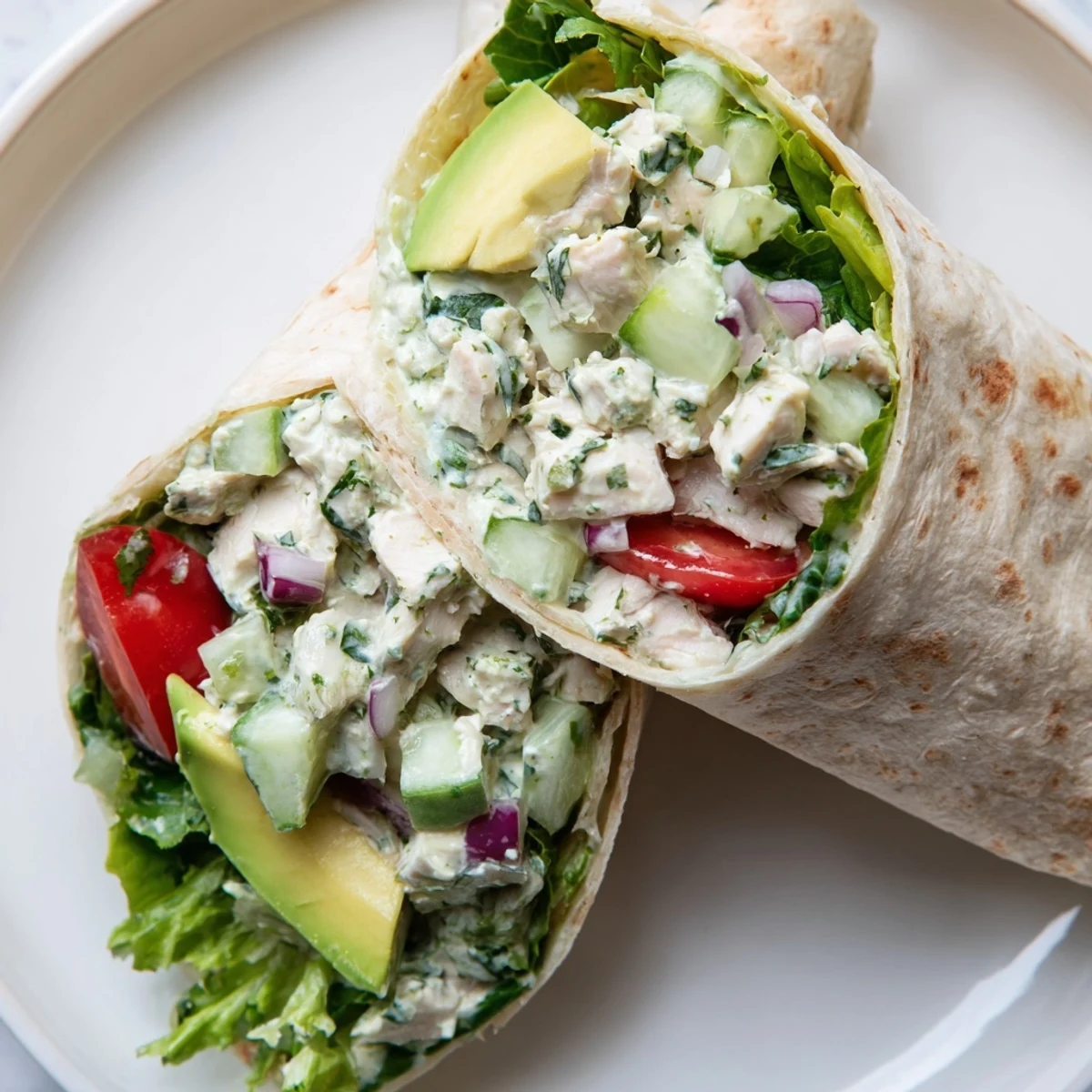 A vibrant Green Goddess Chicken Salad Wrap filled with crunchy celery, cucumber, and juicy cherry tomatoes, ready for a quick lunch.